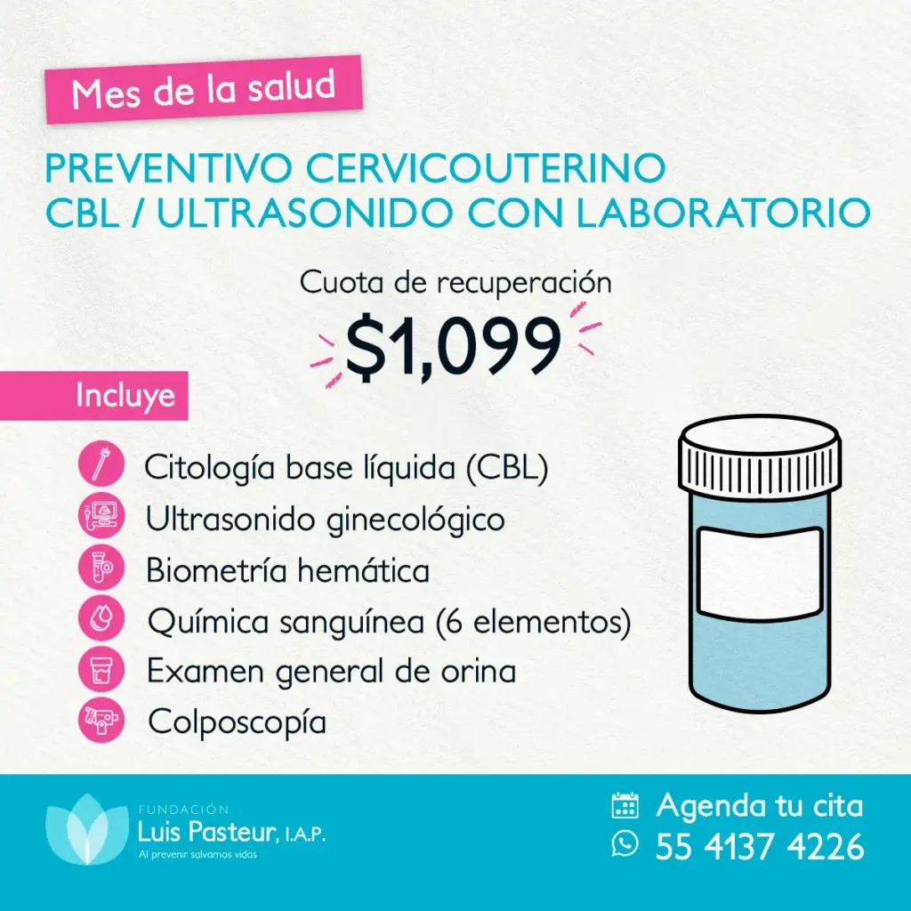 Promoción Mes de la Salud julio 2026 Fundación Luis Pasteur - Preventivo Cervicouterino CBL / Ultrasonido con Laboratorio